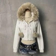 Y2K White Cropped Hoodie with Faux Fur Trim Hood, Star Zip Up Cyber Ghetto Jacket, Grunge Fairycore Aesthetic,Rhinestone Studded Winter Coat