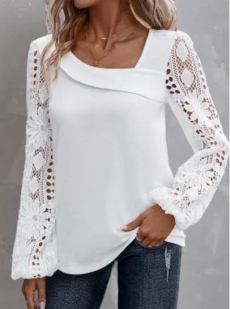 Rosewe Asymmetrical Lace Long Sleeve Blouse
