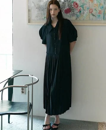 OTHEMENT by vocavaca Big Collar Pleats Long Dress vc2533op422m