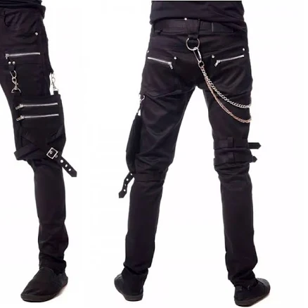 Unisex Gothic Punk Bondage Pants Black Strap Chain Zipper Skinny
