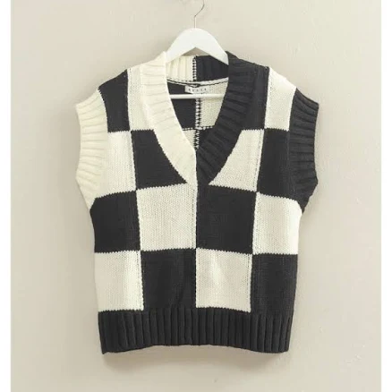 V-Neck Checkerboard Knit Sweater Vest