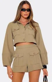 Long Sleeve Cargo Pocket Cropped Jacket In Taupe