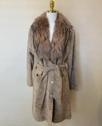 Women’s Vintage Raccoon Fur Trim Collar Belted Wool Blend Cardigan