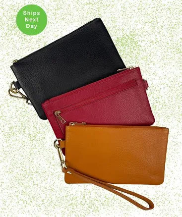 Pebble Grain Leather Wristlet Clutch Wallet with Detachable Strap