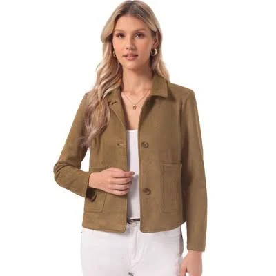 INSPIRE CHIC Women's Faux Suede Button Down Point Collar Pockets Fall Winter Cropped Jacket