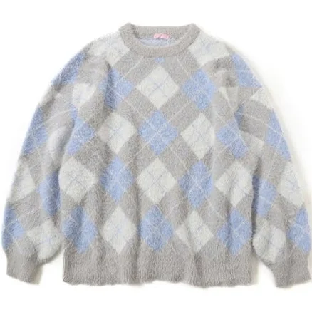 Belle Cie Women's Shaggy Argyle Check Knit Top Sweater