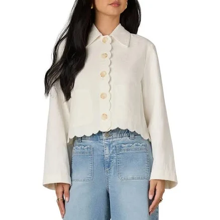 Scallop Detail Cotton Crop Jacket In White