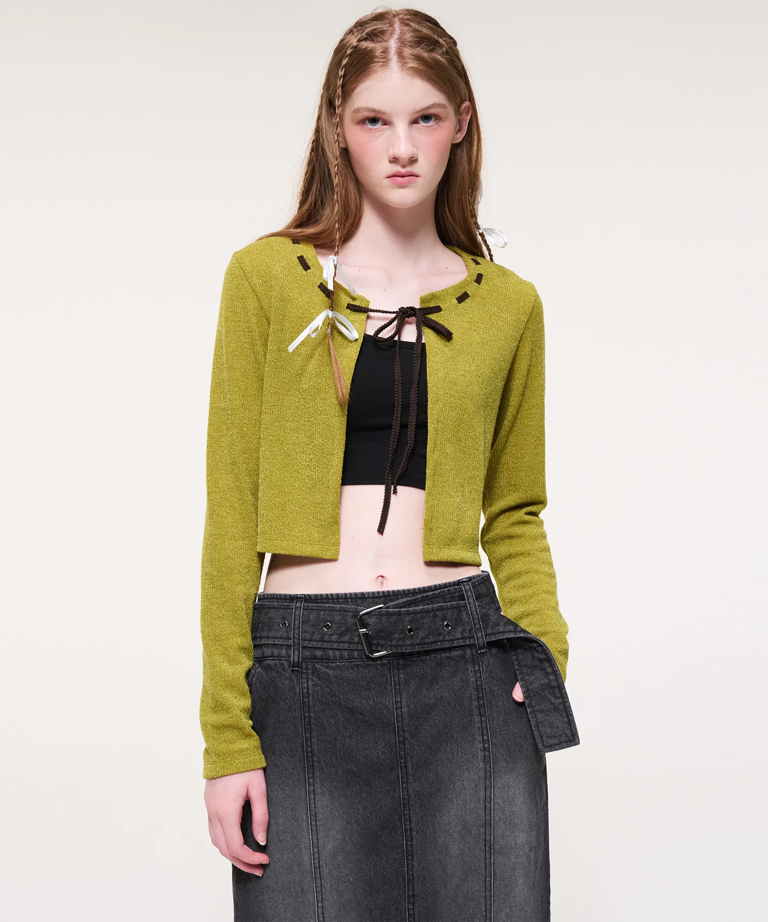 Stitch Ribbon Cardigan, Olive Green