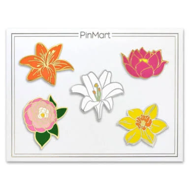Pinmart's Flower Enamel Lapel Pin Set -Peony Lotus Lily Daffodil