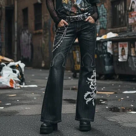 Y2K Gothic Embroidery Flare Jeans