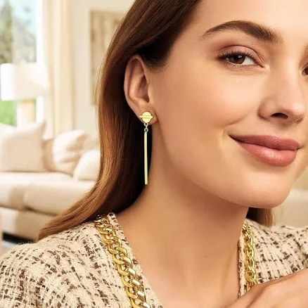 14k Gold Circle Linear Bar Drop Earrings