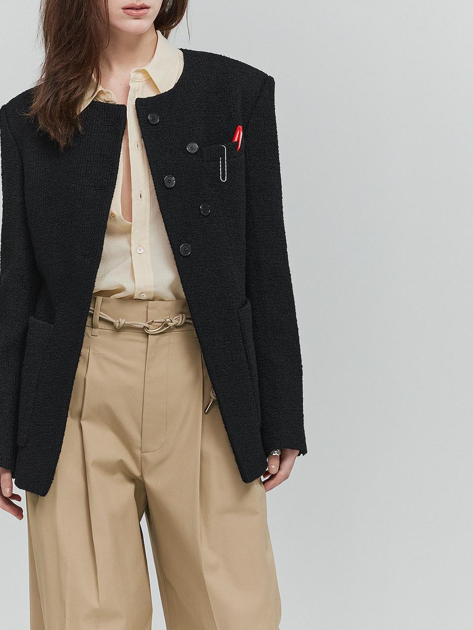 Round Neck Wool Tweed Jacket_Black