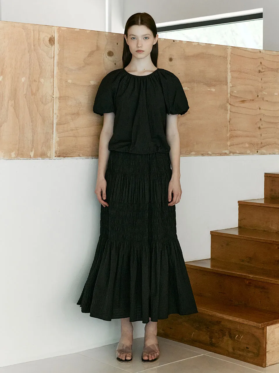 [SET] Balloon Sleeve String Blouse & Long Skirt – 3 Colors