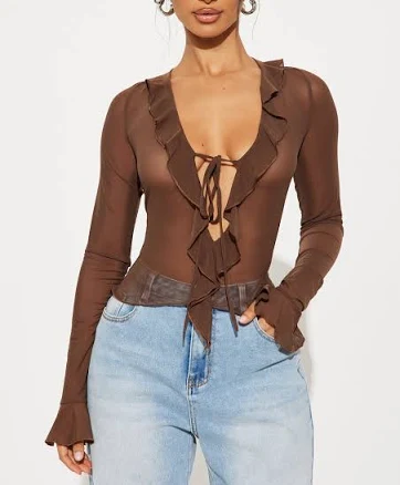 Fashion Nova Camisa Top Brooklyn Long Sleeve Ruffle Sheer Mesh Blouse