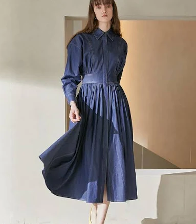 W Concept Cordinary Stitch Denim Shirring Dress