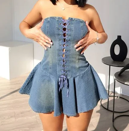 Sweet Denim Corset Flare Mini Dress