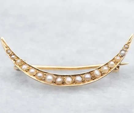 Antique Gold Seed Pearl Crescent Moon Brooch