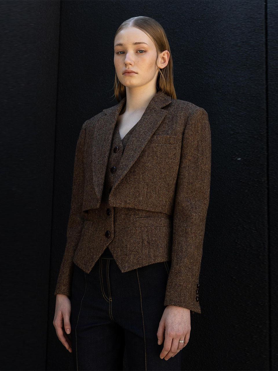 Wool Herringbone Tailored Crop Jacket