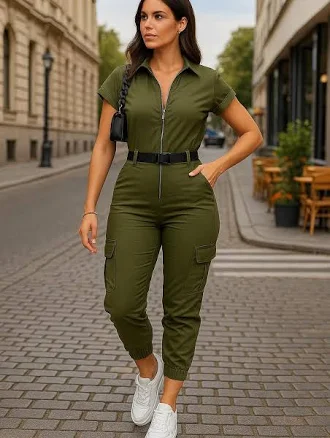 Women's Zip Front Cargo Jumpsuit with Pockets