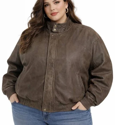 Vtg Leather Limited High Neck Oversized 100% Leather Brown Bomber
