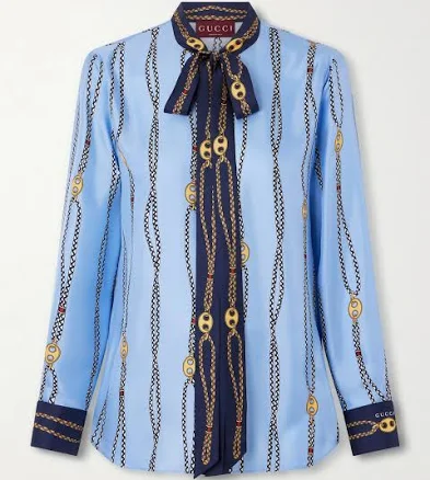 Gucci Marina Waves Pussy-bow Printed Silk-twill Shirt - Women - Blue Tops - XS