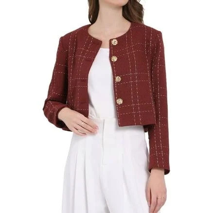 Inspire Chic Women's Plaid Collarless Tweed Blazer Jacket