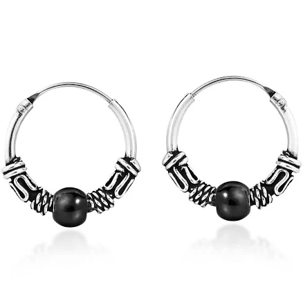 15mm Balinese Black Ball Hoop .925 Silver Earrings