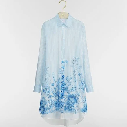 Women DIOR Dioriviera Long Blouse White And Navy Blue Toile de Jouy Floral Garden Cotton Muslin