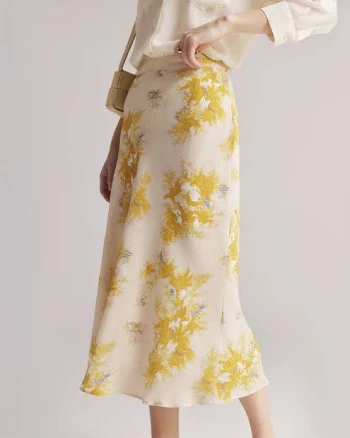 Floral Print Silk Midi Skirt High Waist Silk Skirt
