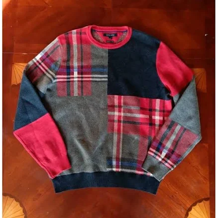 Tommy Hilfiger Sweaters | Tommy Hilfiger Plaid Patchwork Sweater Blue Red Gray Premium Cotton Men’s Large | Color: Blue/Gray/Red/White | Size: L | Pm-