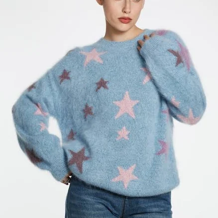 Chunky Brushed Cashmere Star Crewneck Sweater
