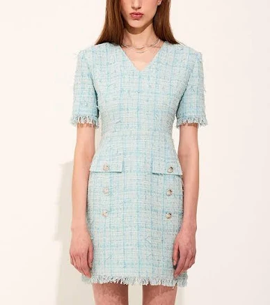W Concept V-Neck Tweed Fringe Body-Conscious Dress