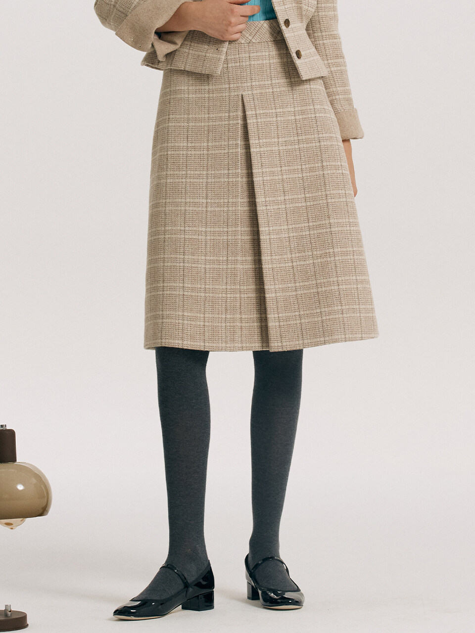 FENCHURCH A-line Wool Midi Skirt (Beige Check)