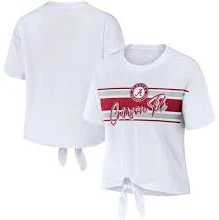 Women's WEAR by Erin Andrews White Alabama Crimson Tide Striped Front Knot Cropped T-Shirt