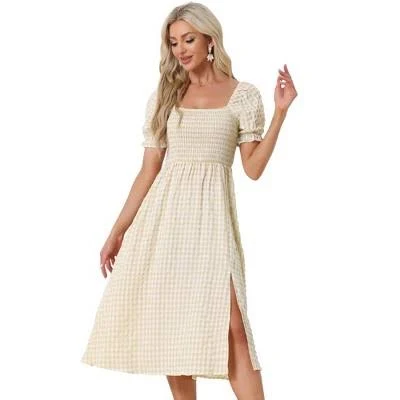 Women's Vintage Smocked Tie Back Slit Side Gingham Midi Dress