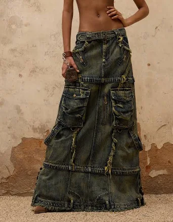 Personsoul Three- Stage Maxi Denim Skirt
