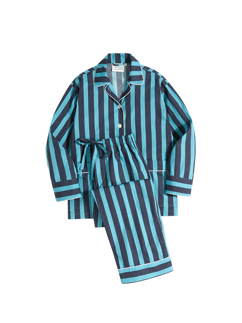 Cotton Striped Piping Pajama Set [Turquoise]