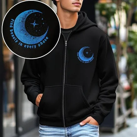 Cosmic Celestial Moon Embroidery Zip-Up Hoodie