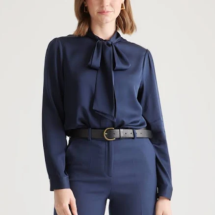 Quince Women's Washable Stretch Silk Tie Neck Blouse