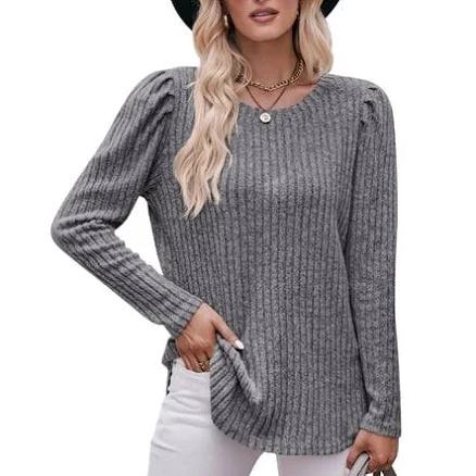 Ribbed Knit Puff Sleeve T-Shirt