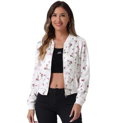 Allegra K Women's Stand Collar Zip Up Floral Prints Bomber Jacket
