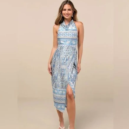 Lulus Paisley Satin Halter Midi Wrap Dress