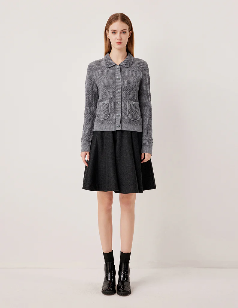 MARYLING A-Line High-Waisted Pleated Wool Silk Blend Midi Skirt