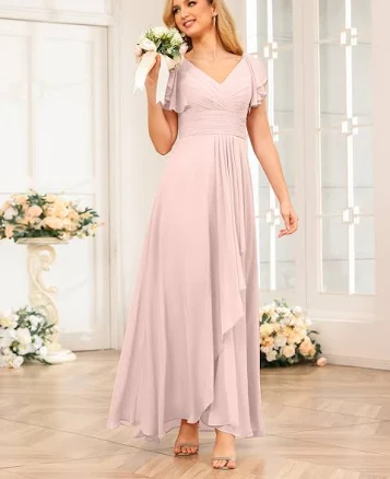 Lavetir Bridesmaid Dresses Line/Princess V-Neck Long Wedding Party Dresses with Ruffles 2026