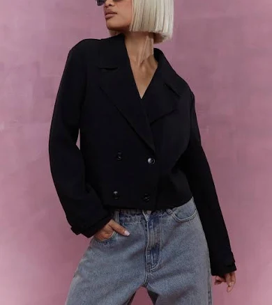 MISSGUIDED Revere Collar Crop Sheer Backless Double Breasted Coat Jacket Winter Wear