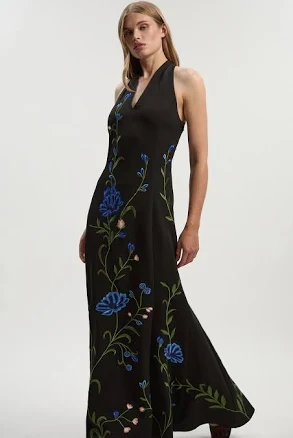 Karen Millen Women's Placed Floral Halter Embroidered Crepe Woven Maxi Dress