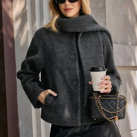 Cropped Bouclé Coat with Scarf