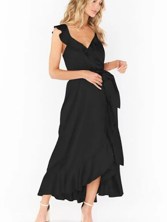 Show Me Your Mumu Samantha Ruffle Wrap Dress in Black Luxe Satin