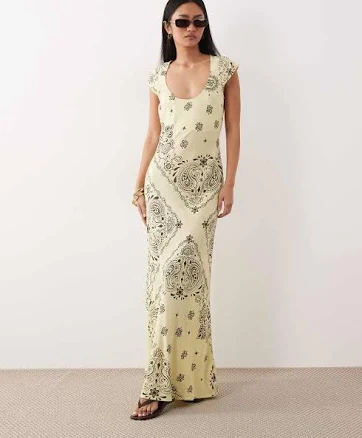 ASOS Design scoop neck bias cut maxi dress in yellow bandana