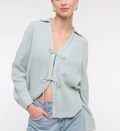 Abercrombie & Fitch Women's Oversized Tie-Front Gauzy Shirt